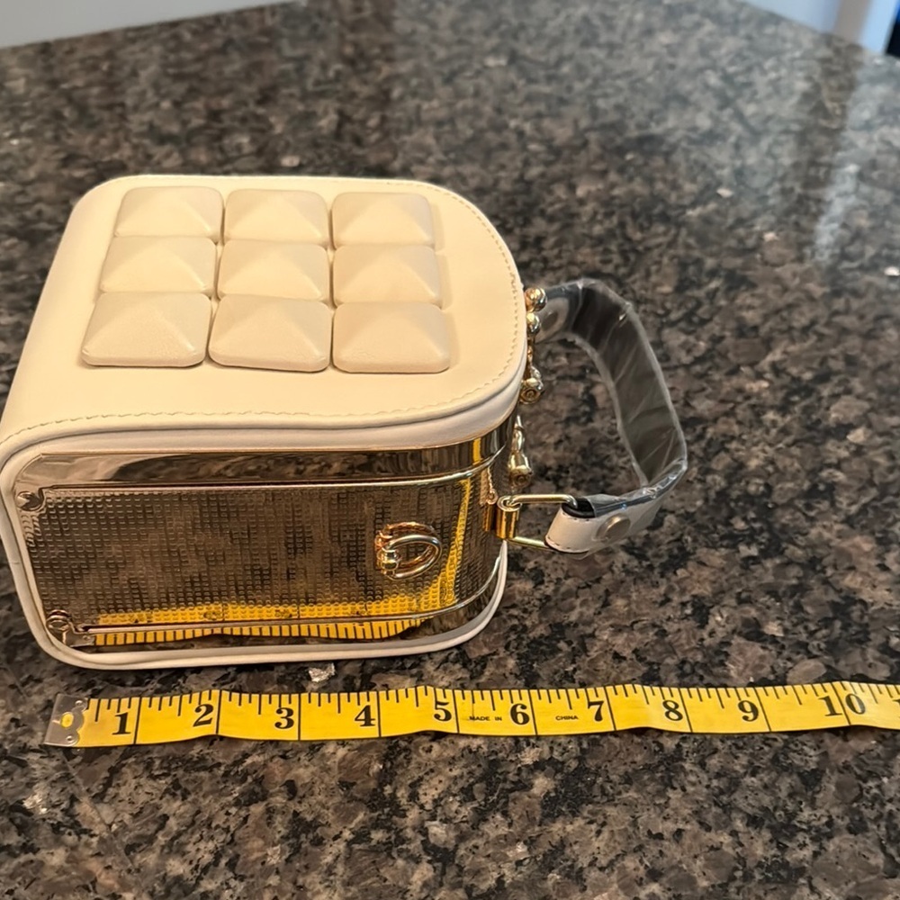 Square hard case Cream Handbag with Gold Accents NWOT - Picture 11 of 14